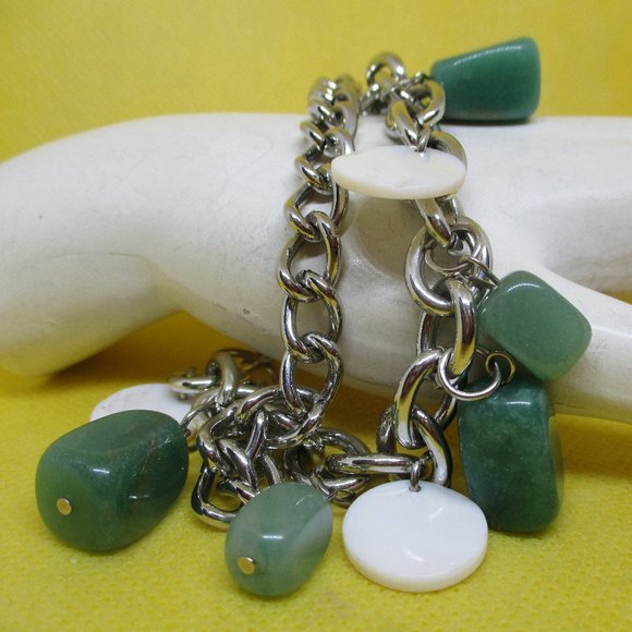 JADE MOTHER of PEARL Comfortable Heavy Weight Steel SilverTone Double Chain Link - Picture 1 of 10
